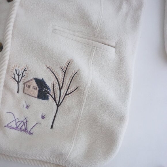 Vintage Club Hollywood Canada Cream Embroidered Fall Fleece Button Up Sweater M - Picture 6 of 11